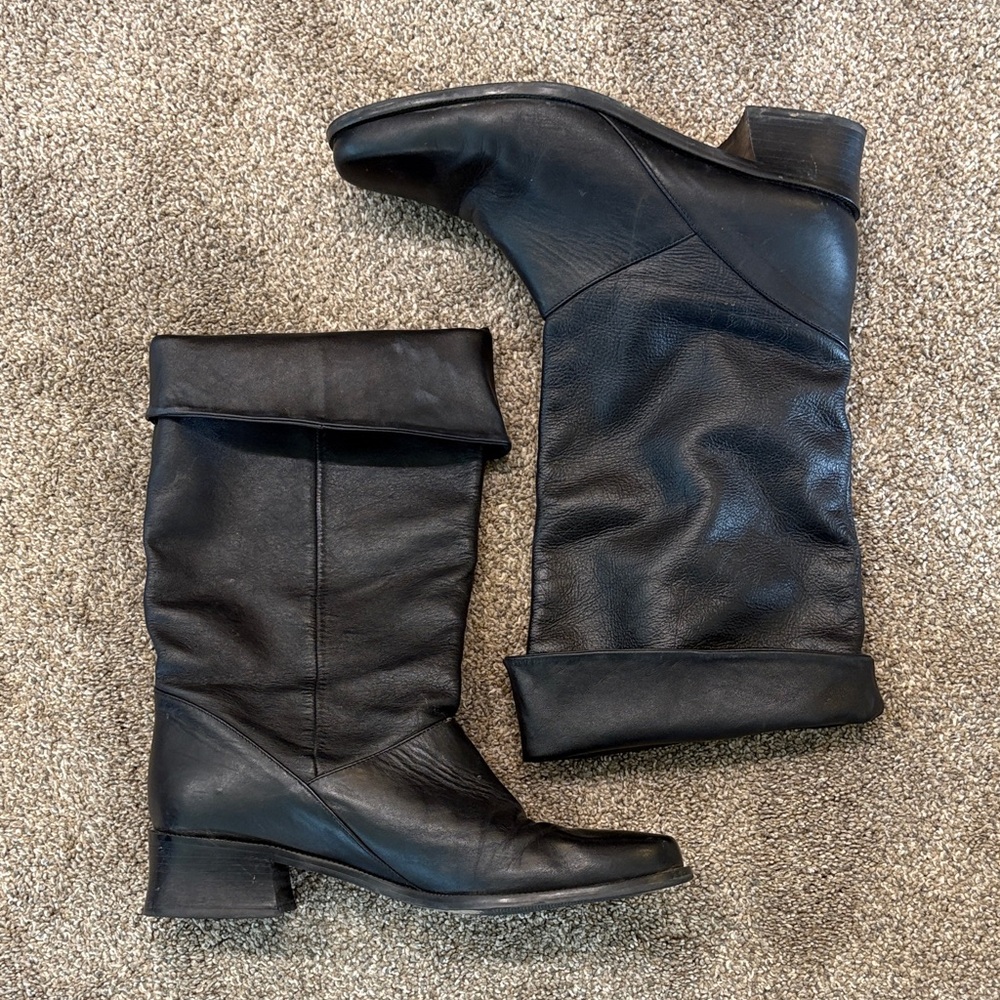Women’s Black Fold-Over Leather Mid-Calf Boots